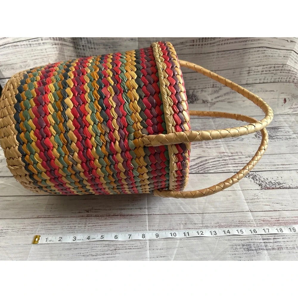 VTG Woven Snake Charmer Basket Boho Multicolor Striped Braided Handle Storage